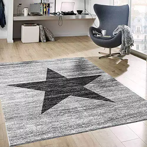 VIMODA Stern Jugendzimmer Wohnzimmer Teppich Grau Trendiger Kurzflor Teppich Stern Stylish Accessoire