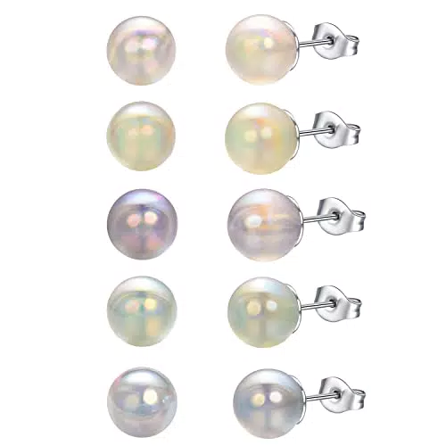 Vissen 5 Paar Bunte Perle Ohrstecker Set für Damen Edelstahl Modeschmuck Perle Ohrringe Mädchen 8mm Perlen