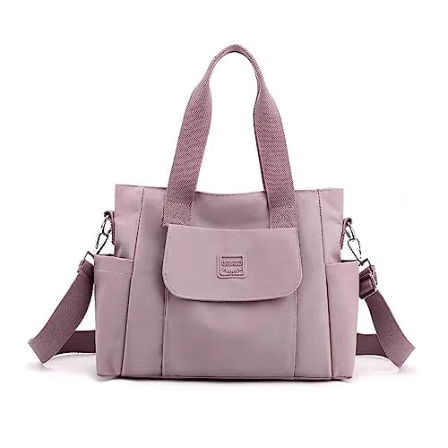 YANAIER Damen Handtasche Umhängetasche Multi Fach Shopper Schultertasche Wasserdicht Nylon Henkeltasche für Reisen Schule Arbeit Hellviolett