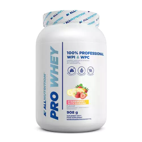 ALLNUTRITION Pro Whey Protein Powder mit Verzweigten Aminosäuren - Molkenprotein-Konzentrat & Molkenprotein-Isolat - Pre-Workout-Pulver - Kalorienarmes Proteinpulver - 908g - Banane mit Erdbeere