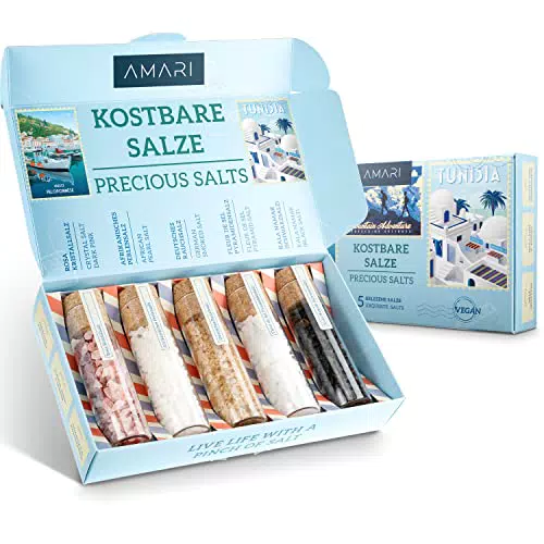 AMARI Kostbare Salze Gewürze Set 5 erlesene Salze Geschenkset   Grill Gewürz Rauchsalz Salz grob Salzflocken Speisesalz rub Gewürzmischung Gewürzset geschenk Gewürzbox
