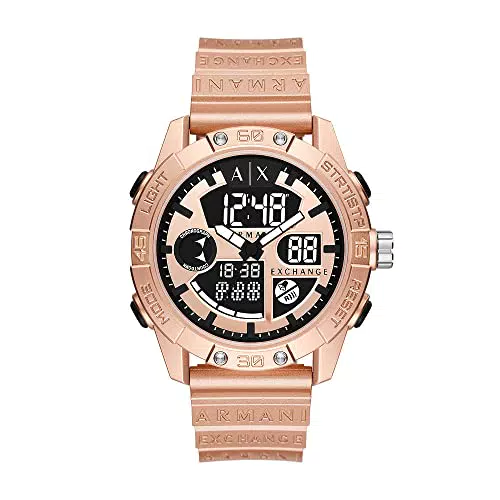 Armani Exchange Herrenuhr, AnaDigi Uhrwerk, 46MM Rose Gold ABS Gehäuse mit einem PolyurethanArmband