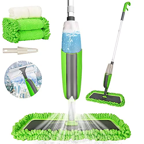 Bodenwischer mit Sprühfunktion, AIGLAM Wischer mit Sprühfunktion für Boden und Fenster 360-Grad Spray Mop mit 4 Mikrofaserpads und Bürste für Hartholz