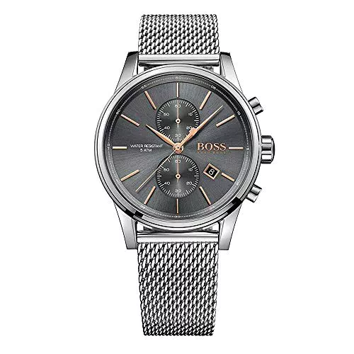 BOSS Chronograph Quarz Uhr für Herren mit Silbernes Edelstahl-Mesh-Gliederarmband - 1513440