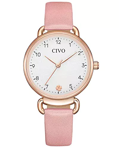 CIVO Armbanduhr Damen Lederarmband Rosa Damenuhr mit Zahlen Analog Quarz Elegant Kleid Uhr Damen Wasserdicht Mode Geschenke für Frauen