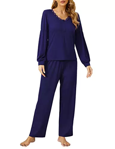 Clearlove Damen Pyjama Set Spitze Langarm Set Schlafanzug Lang Lounge Sets