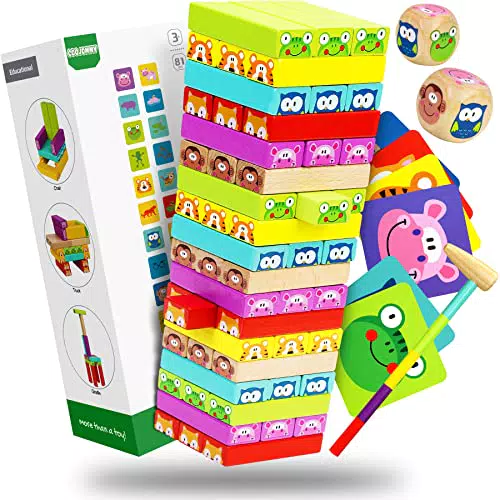 COOJOMMY Wackelturm Spielzeug ab 3 Jahre, 4 in 1 Montessori Holzspielzeug