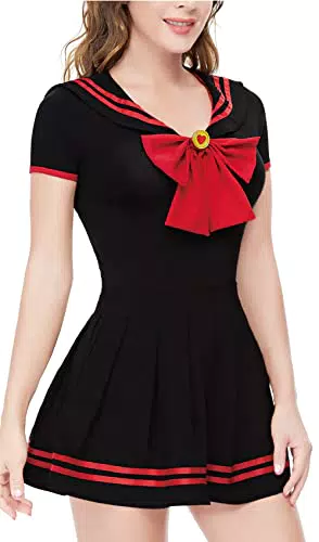 CutiePlusU Knopf im Schritt Onesie Erwachsene Baumwolle Strampler Bodysuit Cosplay Magical Sailor Kostüme Rock Set RedBlack S