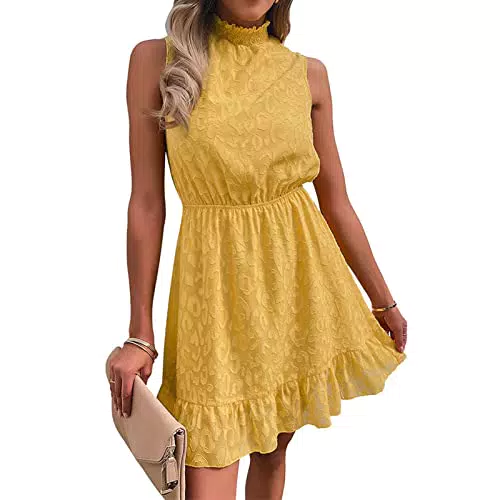Damen Chiffon Sommerkleid Sommer Freizeitkleider Gesmokt Blumen Kurz Kleider Elegant Casual Kleid ärmellos Partykleid Blumenspitze Cocktailkleid Hochzeit Brautjungfernkleid