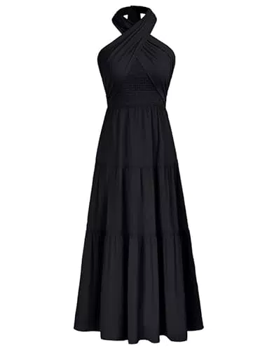 Damen Cocktailkleid Ärmellos Boho Kleid Neckholder Elegant A Linie Brautjungfernkleid Schwarz L