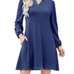 Damen Kleid Casual V-Ausschnitt Langarm Freizeitkleid Herbst Frühling Einfarbig A-Linie Minikleid mit Taschen