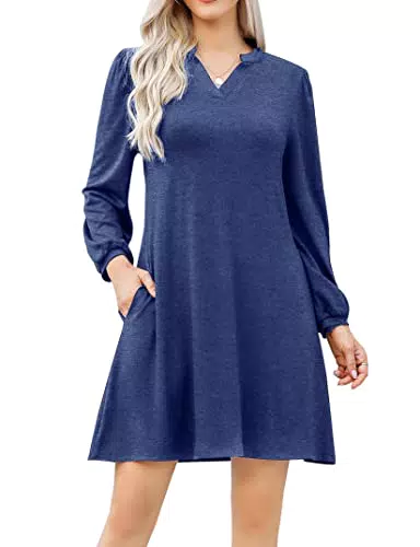 Damen Kleid Casual V-Ausschnitt Langarm Freizeitkleid Herbst Frühling Einfarbig A-Linie Minikleid mit Taschen