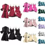 Damen Pyjama Set 4 Stück Set Satin Nachthemd Shorts Schlafanzug Spitze Nachtwäsche Sexy Seiden Nachtkleid Negligee Robe