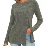 Deaviya Pullover Damen, Strickpullover Lässig, Rippstrick Oberteile Rundhals Langarmshirt Side Slit Casual Sweater für Herbst