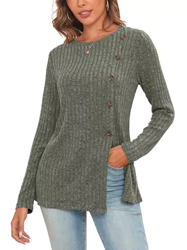 Deaviya Pullover Damen, Strickpullover Lässig, Rippstrick Oberteile Rundhals Langarmshirt Side Slit Casual Sweater für Herbst
