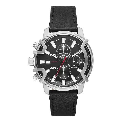 Diesel Herrenuhr Griffed, Chronographenwerk, 42 mm silbernes Edelstahlgehäuse mit Lederarmband
