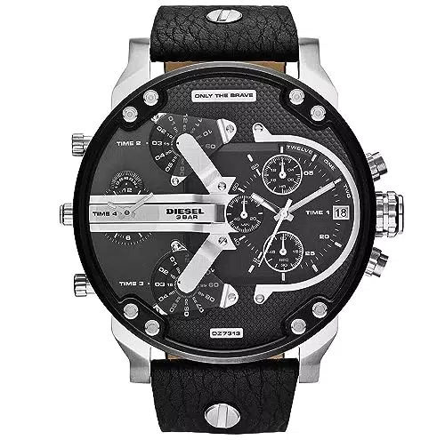 Diesel Herrenuhr Mr. Daddy 2.0, Multifunktionswerk, 57mm Silbernes Edelstahlgehäuse mit Lederarmband
