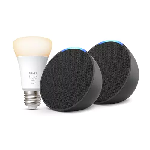 Echo Pop, Anthrazit, 2er pack + Philips Hue White Smart Bulb