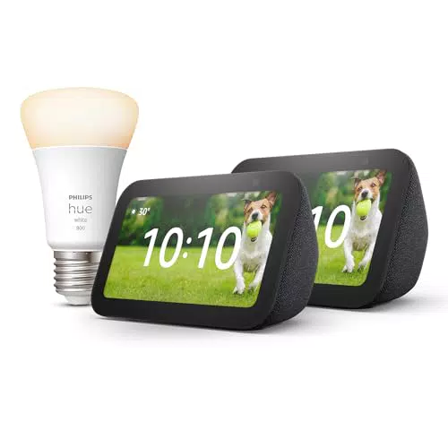 Echo Show 5, Anthrazit, 2er pack + Philips Hue White Smart Bulb