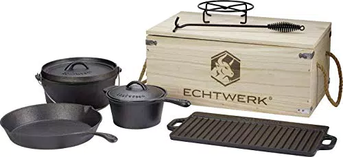 Echtwerk 7-teiliges Dutch Oven Set aus Gusseisen in Holzkiste