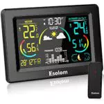 Esolom Wetterstation funk mit Außensensor, Multifunktionale Funkwetterstation Farbdisplay Innen und Außen Thermometer Hygrometer mit Uhrzeitanzeige