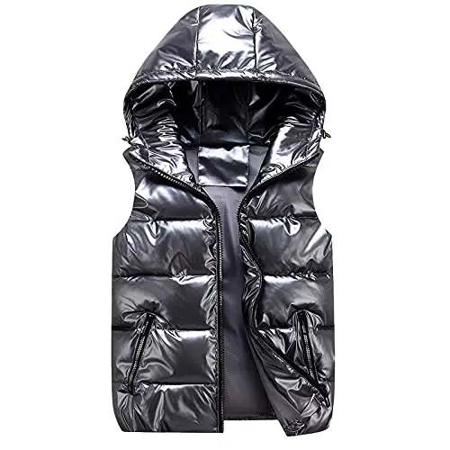 Fulidngzg Steppweste Herren Leicht Daunenweste mit Kapuze Kurz Softshell Weste Outdoor Ärmellose Weste Glitzer Warm Winterjacke Elegant Große Größen Reißverschluss Pufferweste Daunenjacke