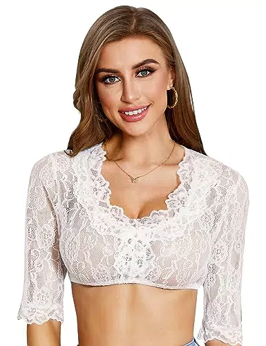 Funspread Damen Dirndlbluse Spitze - Weiß Halbarm Dirndl Blusen Trachten Dirndl Mit Bluse für Oktoberfest 34