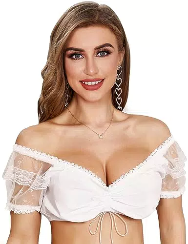 Funspread Dirndl Bluse Damen mit Spitze Dirndlbluse Weiß - Elegante Dirndlblusen für Oktoberfest Trachtenblusen 36