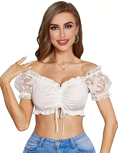 Funspread Dirndlbluse Damen Spitze - Kurzarm Dirndlblusen für Damen Oktoberfest Dirndl Bluse 34