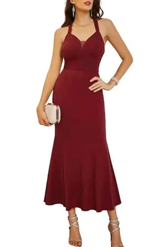 GRACE KARIN Lang Cocktailkleid Damen Elegant Sexy Rückenfreies V-Ausschnitt Festlich Party Ballkleid Rot M