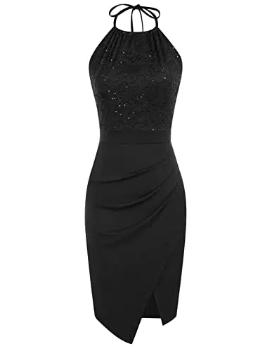 GRACE KARIN Sommer Damen Sexy Cami Gerafftes Bodycon Neckholder Glitzern Festliches Kleid Schwarz XL