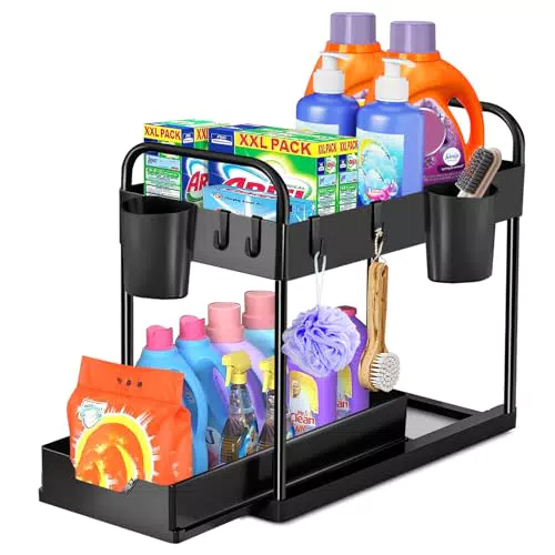 HILEYOLLA Küchen Organizer 2 Etagen, Unter Waschbecken Regal mit 4 Haken und 2 Tasse Gewürzregal Spülschrank Organizer Küchenregal Schrank Organizer für Badezimmer Küche