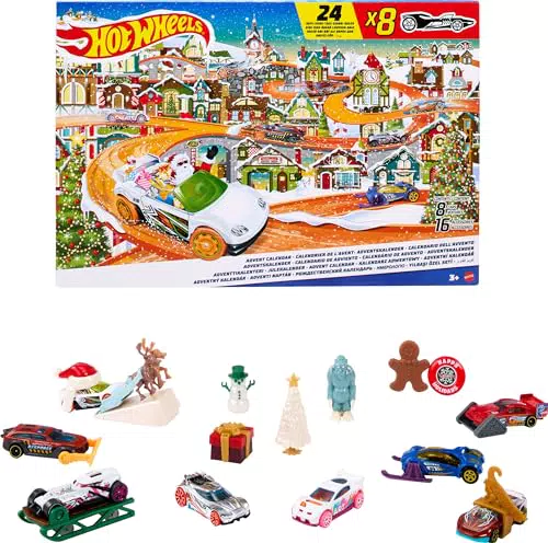 HOT WHEELS Adventskalender 2023 - 8 Hot Wheels Autos und 16 winterliche Zubehörteile hinter 24 nummerierten Türchen