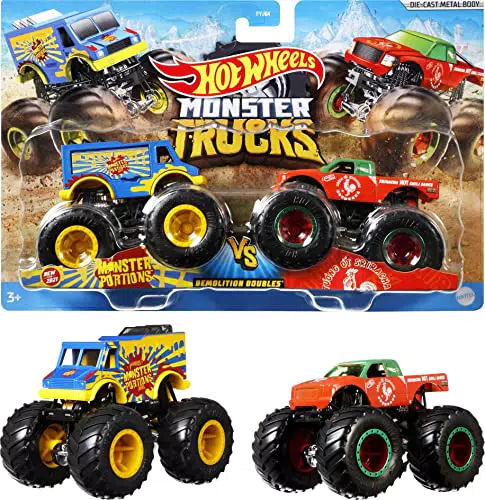 HOT WHEELS Monster Trucks Demolition Doubles - 2er-Pack mit verschiedenen Modellen - Inklusive Statistiken zu Stärke