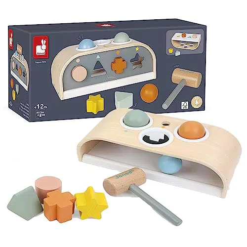 Janod - Tap Tap Sweet Cocoon - Klopfspiel mit Formensortierer und Steckspiel - 3-in-1 Holzspielzeug - FSC-Zertifiziertes Montessori Lernspiel - Baby Spielzeug Ab 1 Jahr