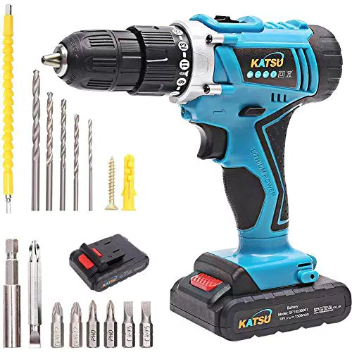 KATSU Akku-Bohrschrauber Schlagbohrschrauber 18V und Zubehör-Set + flexibler Schaft + Doppelend-Bit + 5 Bohrer-Bits + 6 Schraubendreher-Bits mit 1 Verlängerung + 2 Li-Ion-Akkus 1