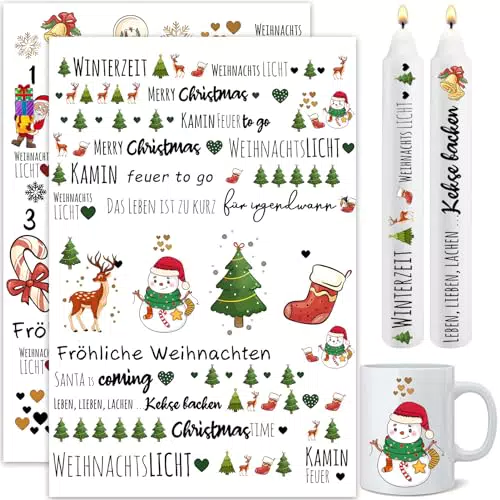 Kerzentattoos Weihnachten, Kerzen Tattoo Folie Farbe DIY Kerzensticker für Adventskerzen und Keramik A4 Bogen DIY Stickerbogen