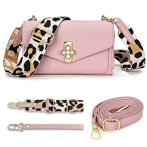 LANXINGLUO Umhängetasche Damen Klein Rosa Crossbody Bag Damen Breiter Gurt Veganem Leder Mit 1 Handschlaufe und 2 Schultergurten