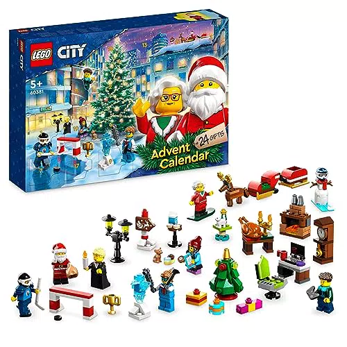 LEGO 60381 City Adventskalender 2023, Weihnachtskalender mit 24 Geschenken inkl. Weihnachtsmann- und Rentier-Figuren Plus Winterwunderland-Spielmatte