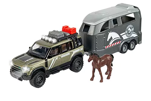 Majorette - Land Rover Defender mit Pferdeanhänger hochwertiges Modellgespann mit Spielzeugpferd