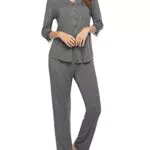 MAXMODA Damen Schlafanzug Set Knopfleiste Damen Langarm Pyjama 3/4 Ärmel Hausanzug Hautfreundlich Schlafanzug Dunkelgrau