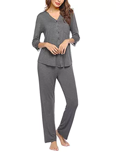 MAXMODA Damen Schlafanzug Set Knopfleiste Damen Langarm Pyjama 3/4 Ärmel Hausanzug Hautfreundlich Schlafanzug Dunkelgrau