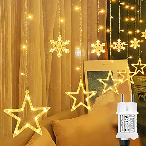 OBOVO LED Sterne Lichterkette mit Schneeflocke, 138 LED Erweiterbar Lichtervorhang Lichterkette mit Timer und Speicherfunktion