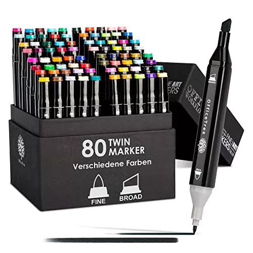 OfficeTree 80x Alkohol Marker Set - Twin Tip Marker - 40x Intensive und 40x Pastell Farben in einer Stifte Box - Twin Marker zum Zeichnen und Malen - Graffiti Stifte auch als Manga Stifte
