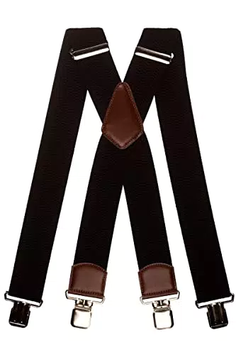 Olata Extra Breite Herren Hosenträger X-Form mit Braun Leder 5 cm. Schwarz