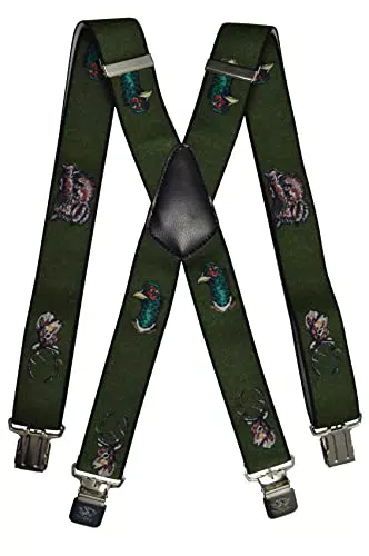 Olata Heavy Duty Herren-Hosenträger X-Form mit Jagdmotiv und gravierten Hosenträger-Clips 4 cm. Fasan und Hirsch