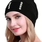 osvyo Chemo Kopfbedeckung Bambus für Damen, Chemo Kopftuch Turban für Frauen mit Blumenmotiv-Kopfbedeckung Mütze Kappen SCHWARZ