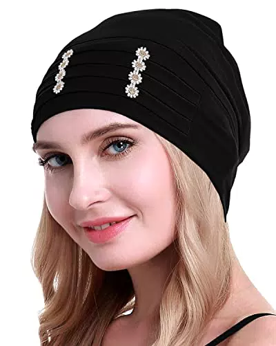 osvyo Chemo Kopfbedeckung Bambus für Damen, Chemo Kopftuch Turban für Frauen mit Blumenmotiv-Kopfbedeckung Mütze Kappen SCHWARZ