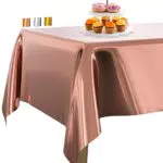 PartyWoo Tischdecke Rosegold Folientischdecke, 137 x 274 cm/ 54 x 108 Zoll Rechteckige Party Tischdecke Abwaschbar für 6 bis 8 Fuß Tisch