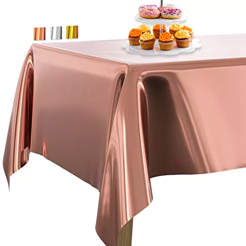 PartyWoo Tischdecke Rosegold Folientischdecke, 137 x 274 cm/ 54 x 108 Zoll Rechteckige Party Tischdecke Abwaschbar für 6 bis 8 Fuß Tisch